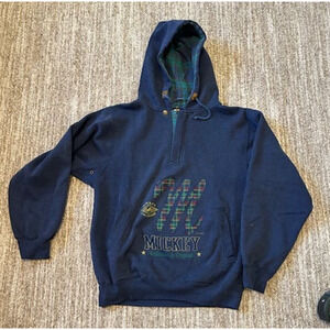 Mickey Unlimited 3/4 Zip Navy Blue with Plaid Interior Hoodie Size M